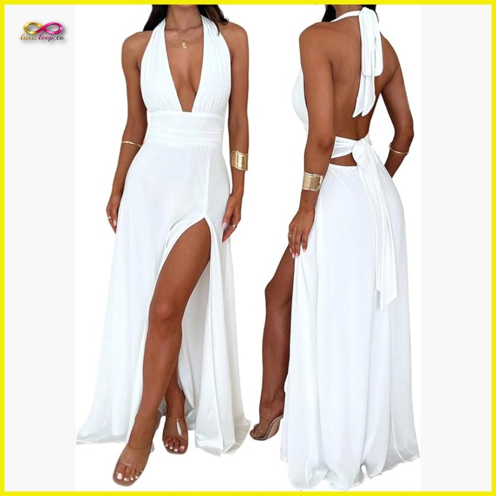 Elegant Halter Maxi Dress With High Slit And Bow Tie Formal Chic